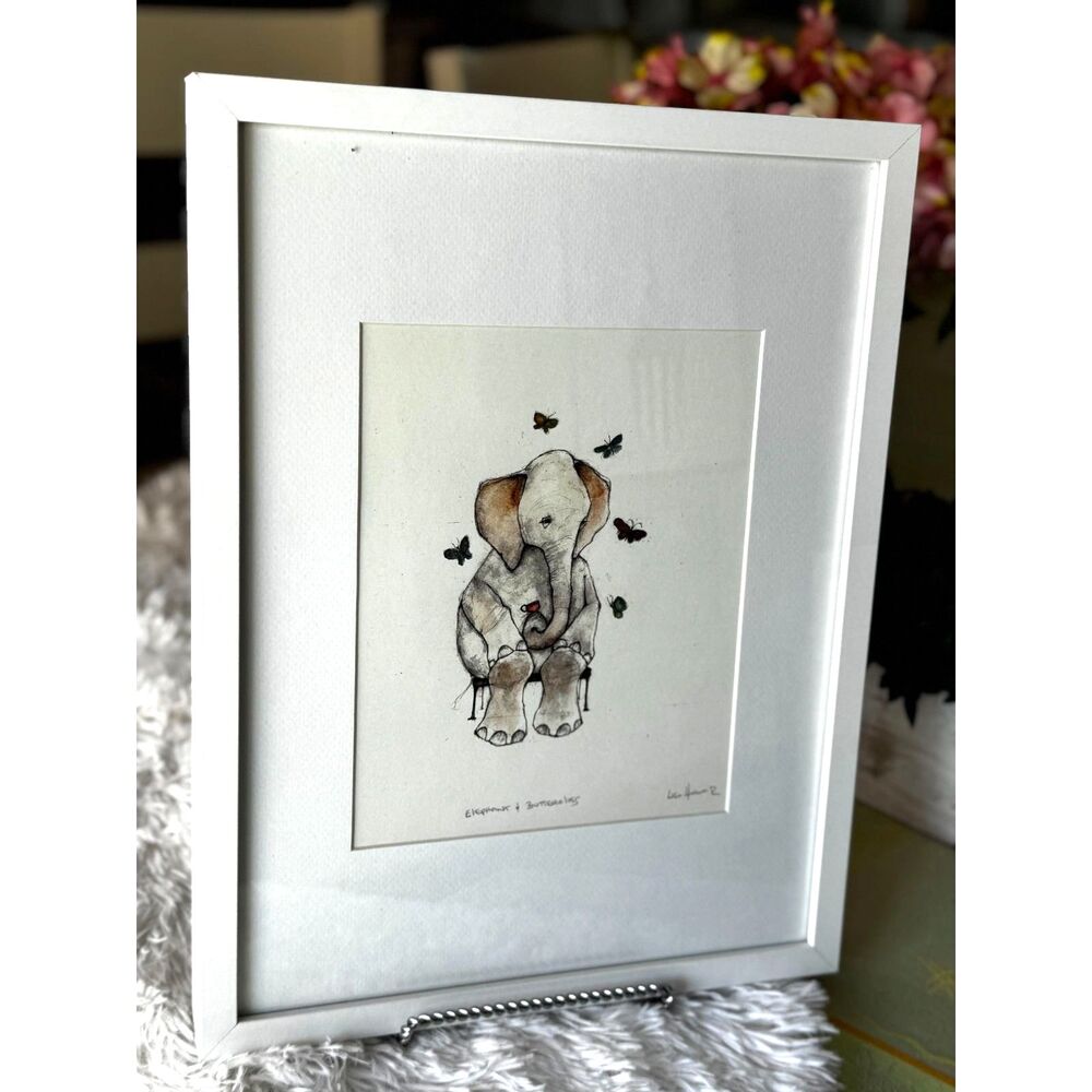 Beautiful Original Lisa Hurwitz drawing; Elephant and Butterflies framed - Picture 2 of 9